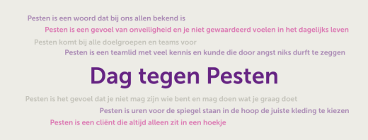 Een afbeelding waarop 'Dag tegen pesten' staat en daaromheen associaties met pesten.