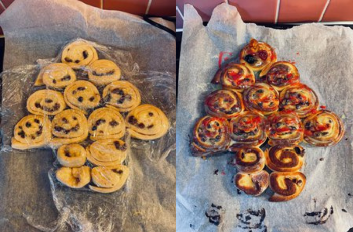 Bakbrood: links voordat deze in de oven gaat en rechts na de oven versierd door cliënten.